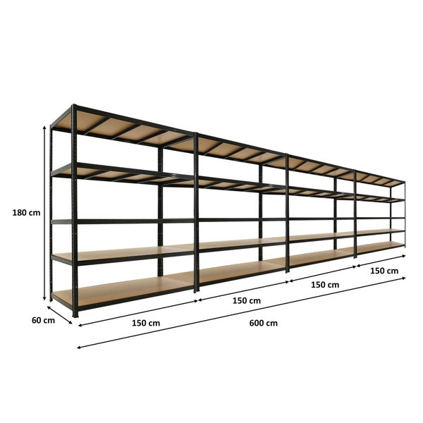 Schwerlastregal mit vier Sektionen, schwarzes Metall, Holzböden, 180 Zentimeter hoch, 600 Zentimeter breit, 60 Zentimeter tief.