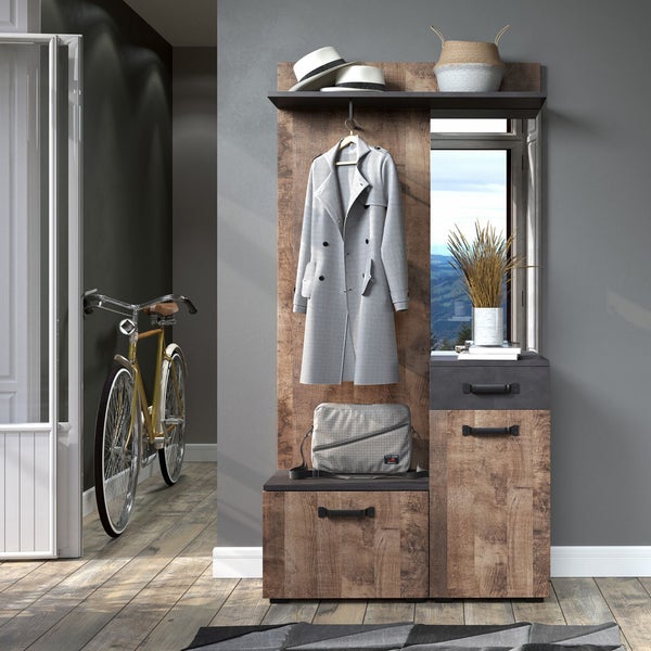 Smile Kleiderschrank-Set 1 Ablage, 1 Garderobenstange, 1 klapp, 1 Türen, 1 Schubladen grau Matera dekor, Tabak Eiche dekor. 104 X 32 X 190 cm