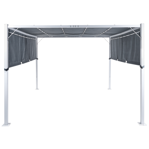 Graue Pergola mit ausziehbarem Dach und Seitenrollos, Gestell aus Aluminium.