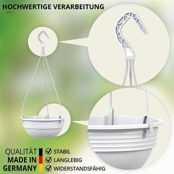 Hängeampel aus Kunststoff zur Pflanzenaufhängung mit detaillierter Ansicht des Aufhängers und der Befestigung für hohe Stabilität und Langlebigkeit.