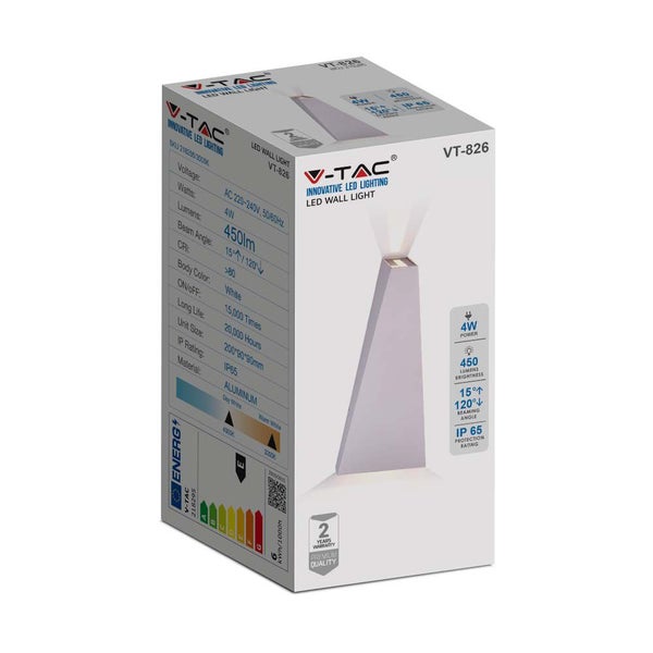 Verpackung einer V-TAC LED-Wandleuchte VT-826 aus Aluminium mit 4 Watt Leistung