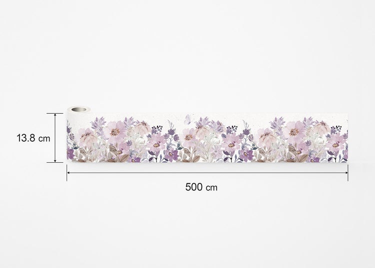Tapetenbordüre mit Blumenmuster, 13,8 Zentimeter hoch und 500 Zentimeter lang.