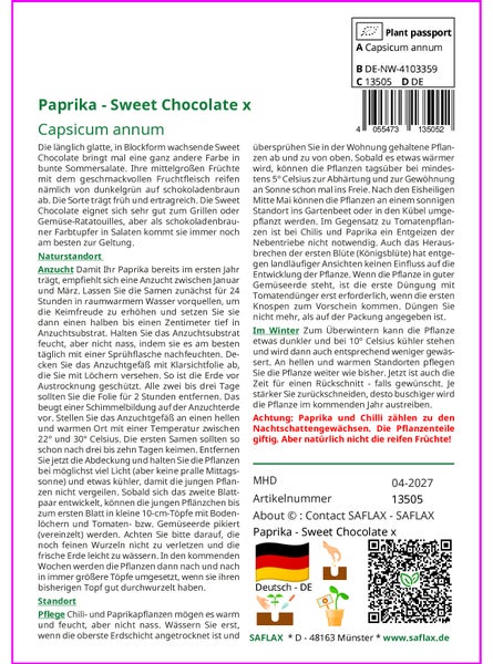 SAFLAX Geschenk Set - Paprika - Sweet Chocolate x - Capsicum annum - 10 Samen - Mit Geschenkbox, Versandaufkleber, Geschenkkarte und Anzuchtsubstrat