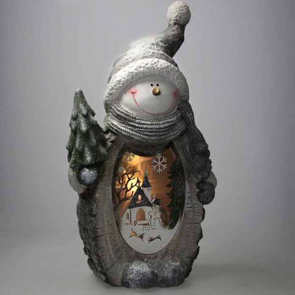 ECD Germany Schneemann Figur mit LED Beleuchtung 53 cm Warmweiß Weiß mit grauem Hut und Schal, Holzoptik, Batteriebetrieben, für Innen, LED-Weihnachtsdeko Weihnachtsfigur Weihnachten Tischdeko