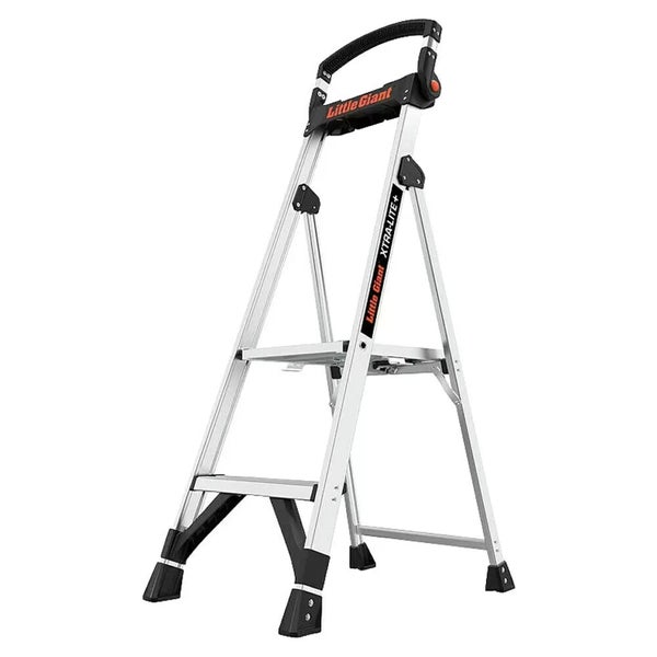 Little Giant Xtra-Lite Stufenleiter aus Aluminium mit Sicherheitsbügel und rutschfesten Füßen.