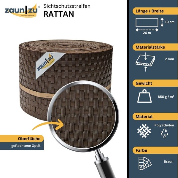 Zaunfolie Rattan, 26 Meter Länge, 19 Zentimeter Breite, Materialstärke 2 Millimeter, Gewicht 850 Gramm pro Quadratmeter, aus Polyethylen