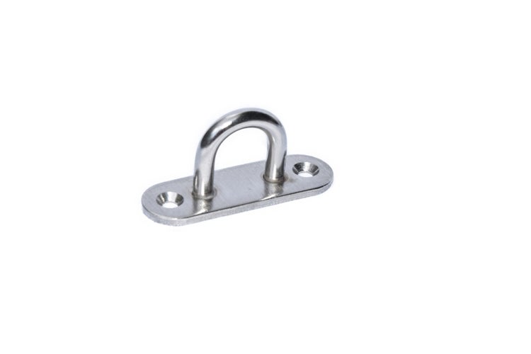 Silberfarbene Augplatte aus Edelstahl mit ovaler Grundplatte und zwei Bohrungen für die Befestigung.