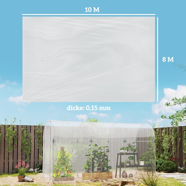 Outsunny Gewächshausfolie 8x10 m wasserdicht Gartenfolie mit UV Schutz, Extra Dick Reißfest Folie aus Kunststoff, Abdeckplane für Treibhaus Folientunnel, Tunnelfolie für Außenbereich Transparent