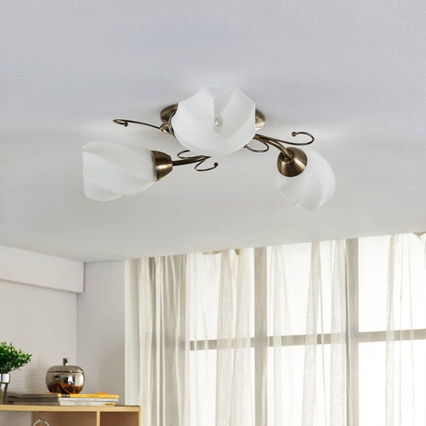 Lindby Deckenlampe romantisch, Deckenstrahler Glas Metall altmessing Landhaus 3x E14 ohne Leuchtmittel Deckenleuchte Küche Wohnzimmer Esszimmer