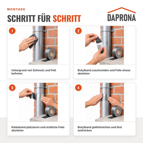 Daprona Montageanleitung für Butylband zur Reparatur eines Fallrohrs in vier Schritten mit Vorbereitung und Anbringung auf einem Untergrund.