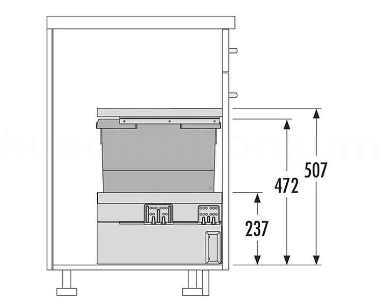 Maßzeichnung eines Abfallsystems in einem Küchenunterschrank mit Höhenangaben von 237, 472 und 507 Millimetern.