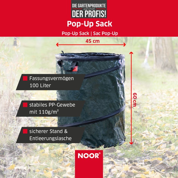 Pop-up-Sack mit einem Fassungsvermögen von 100 Litern und einer Höhe von 60 Zentimetern.