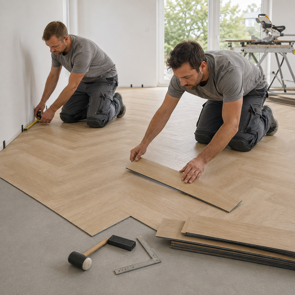 Zwei Handwerker verlegen in einem hellen Raum einen Vinylboden in Fischgrätoptik mit passendem Werkzeug wie Gummihammer und Winkel.