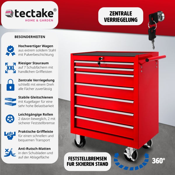 Werkzeugwagen tectake  Rollen Ø 100 mm 7 kugelgelagerte Schubladen mit Antirutschmatten rot