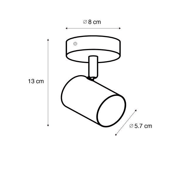 Zeichnung einer Deckenleuchte mit den Maßen 13 cm Höhe, 8 cm Durchmesser Deckenbefestigung und 5,7 cm Durchmesser des Leuchtenkopfes.