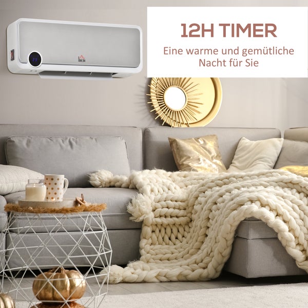 Wandheizgerät Homcom über einem Sofa mit Strickdecke im Wohnzimmer. Texthinweis auf einen 12-Stunden-Timer für eine warme Nacht.