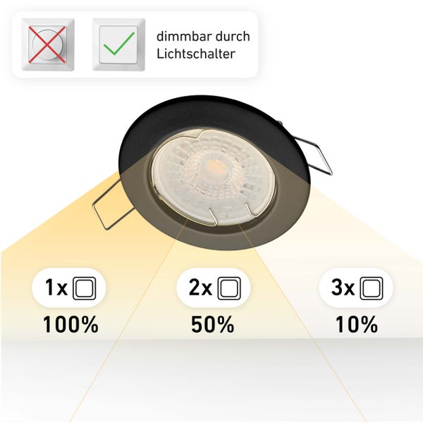 Oktaplex Lighting 6er Set LED Spot Sedan - 3 Stufen dimmbar - 4,8W 3000K 230V 380lm Warmweiß 120° - Einbaustrahler Schwarz Lochmaß 60mm