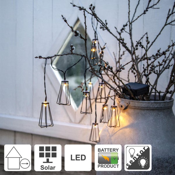 Dekorative LED-Lichterkette mit Lampenschirmdesign, Solarbetrieb und Dämmerungssensor für den Außenbereich