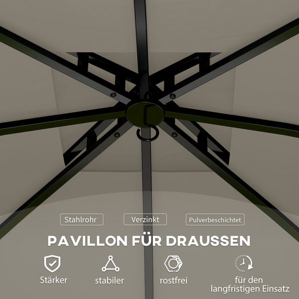 Outsunny Pavillon ca. 3,4x3,4 m wasserabweisend Gartenpavillon mit 4 Seitenteilen, Doppeldach, Partyzelt mit UV-Schutz Gartenzelt mit verzinktem Metallrahmen, für Garten Hellgrau