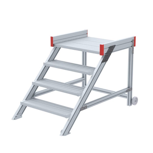 Aluminium-Podesttreppe mit vier Stufen und Rollen.