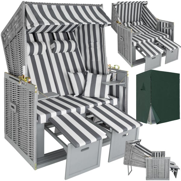 Strandkorb tectake Sylt 115 x 158 x 78 cm gepolstert mit ausziehbaren Fußbänkchen grau/weiß