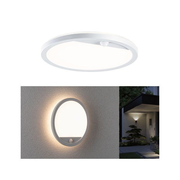 LED Außenpanel Lamina Backlight Dämmerungsgesteuerter Bewegungsmelder (IR) seewasserresistent IP44 rund 280mm 3000K 14,5W 1200lm 230V Weiß Kunststoff