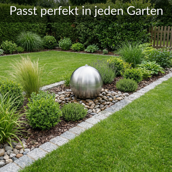 Moderner Kugelbrunnen aus Edelstahl in einem mit Steinen und Pflanzen gestalteten Gartenbeet mit Granitstein-Einfassung.