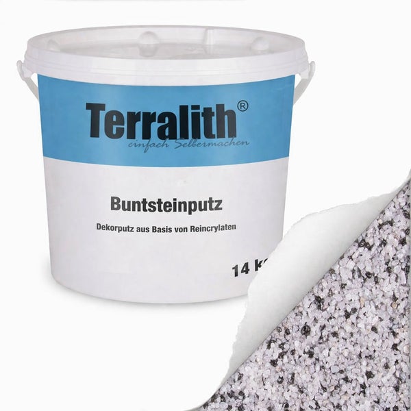 Terralith Buntsteinputz im 14 Kilogramm Eimer mit einer Detailansicht der Körnungsstruktur.
