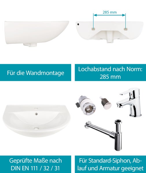Calmwaters® Waschbecken 60 cm in Weiß, aus hochwertiger Sanitär-Keramik mit Hahnloch und Überlauf zur Wandmontage, ovaler Hänge-Waschtisch Essential 3 aus Keramik, 60 x 48 cm, weiss, 05AB2324