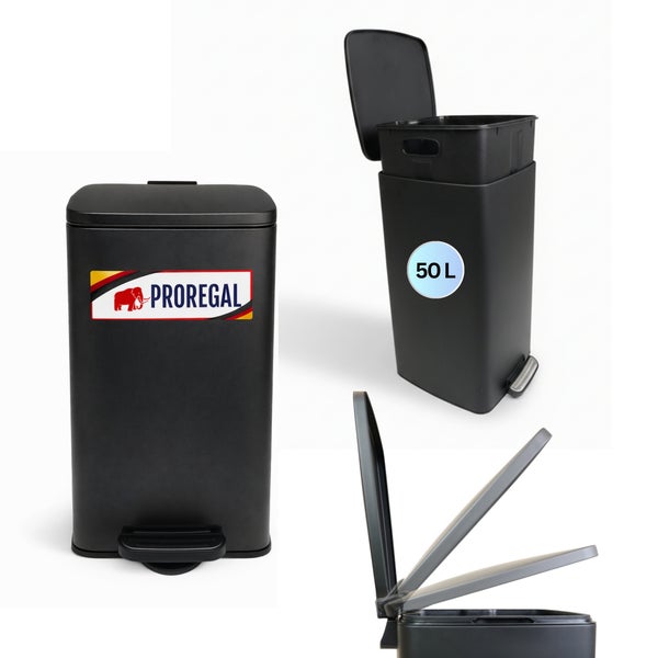 Proregal Treteimer aus Kunststoff mit 50 Liter Fassungsvermögen, Fußpedal, Absenkautomatik, herausnehmbarem Inneneimer und Proregal Logo.