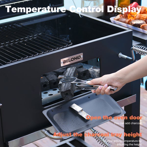 BELONID Holzkohlegrill mit Deckel, Grillfläche: 56×42.5 cm, Höhenverstellbare Kohlenwanne, Faltbarer Seitentisch, Mit Grillabdeckungen Wasserfest