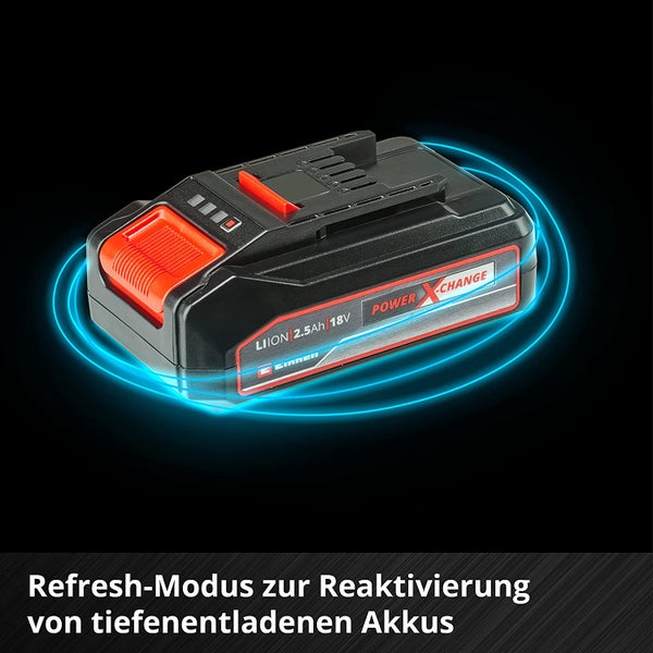 Einhell Power X Change Akku mit 18 Volt und 2,5 Amperestunden Kapazität mit Refresh Modus für tiefentladene Akkus.