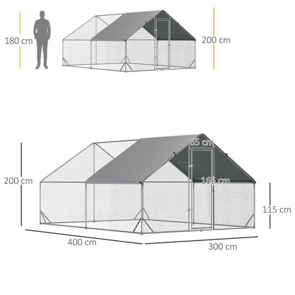 PawHut Hühnerstall, Freilaufgehege, 3 x 4 x 2 m, Stahl, Silber+Grau