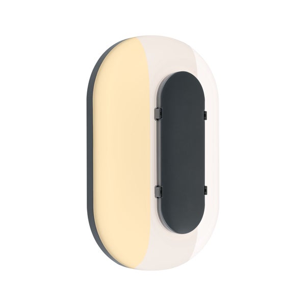 Ovale LED-Außenwandleuchte mit dunkelgrauem Gehäuse und Kunststoffdiffusor, der einseitig warm leuchtet.