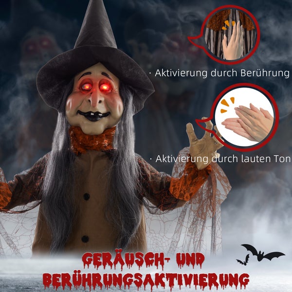 HOMCOM 183cm Halloween Dekoration Halloween-Hexe mit LED-Lichter, Soundfunktion, Haustür Deko mit verstellbare Arme, Garten Dekofigur in Lebensgröße für Party