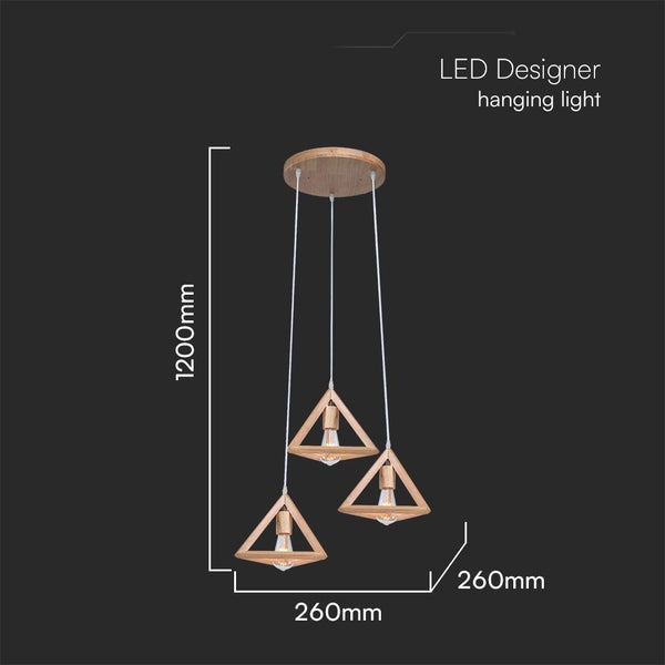 LED Designer Hängeleuchte mit dreieckigen Lampenschirmen und den Maßen 1200 mm Höhe und 260 mm Breite.