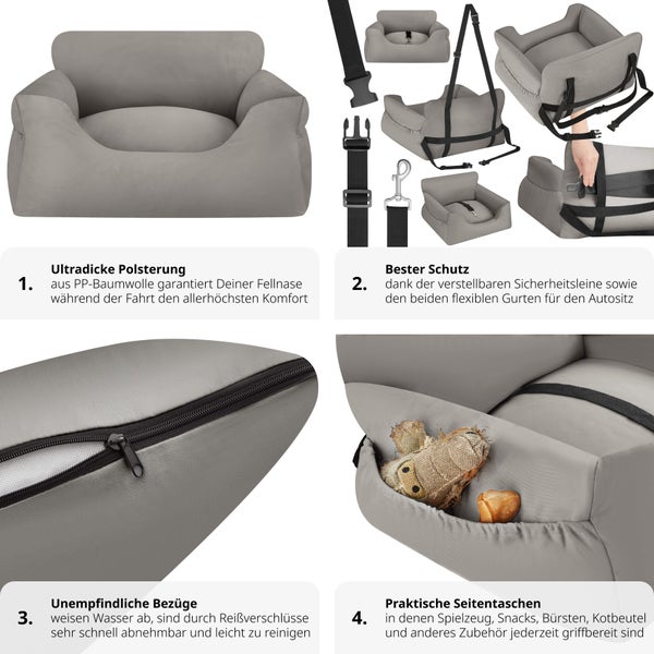 Hundeautositz tectake Milow 55 x 50 x 29 cm mit Sicherheitsleine und 2 Befestigungsgurten, längenverstellbar grau