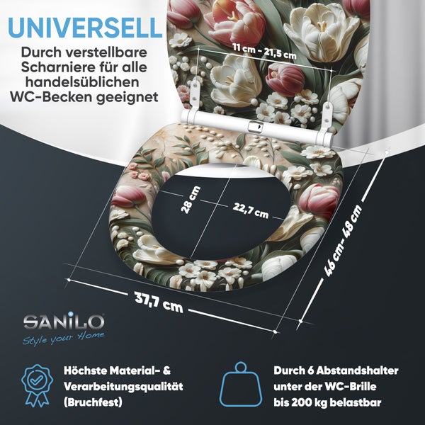 WC-Sitz von SANILO mit Blumendekor, verstellbaren Scharnieren und Maßen sowie sechs Abstandshaltern für bis zu 200 Kilogramm Belastbarkeit.
