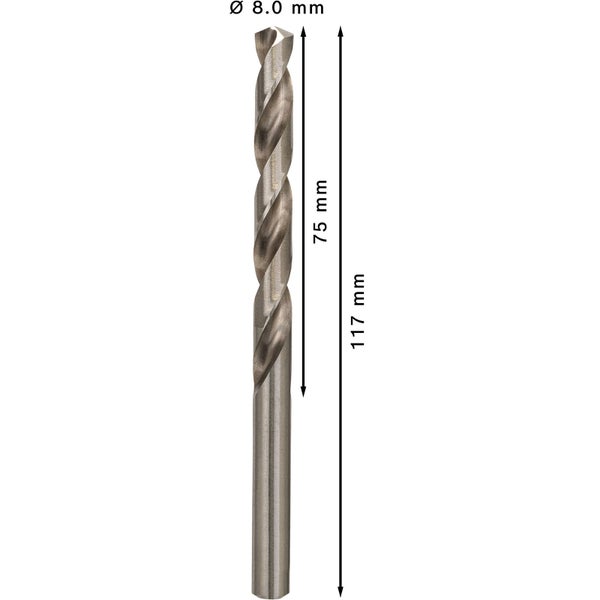 Metallbohrer mit den Maßen Durchmesser 8,0 mm, spiralförmiger Bohrkopf 75 mm und Gesamtlänge 117 mm