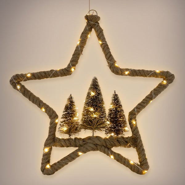 ECD Germany LED Jute Stern Ø40 cm, 50 warmweißen LEDs, Deko Weihnachtsstern mit 3 Tannen, Jutesäckchen, Batterien, Timer, Hängestern aus Seil, Lichterstern Weihnachtsbeleuchtung Weihnachtsdeko Innen