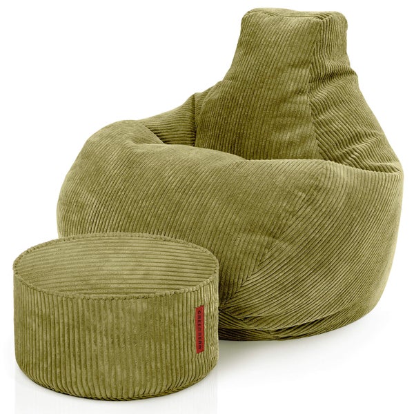 Green Bean Sitzsack mit Hocker aus Cord - Sitzsäcke für das Wohnzimmer, Schlafzimmer, Sitzsack-Sessel für Erwachsene Grün