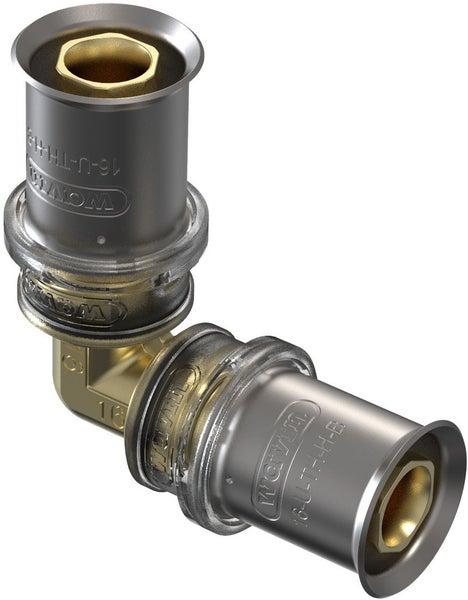 Wavin Press-Winkel 90 Grad aus Metall für Verbundrohre.