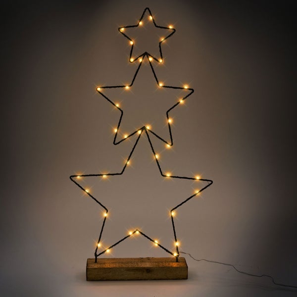 ECD Germany 3x LED Deko Weihnachtsstern übereinander mit 40 warmweißen LEDs auf Holzblock, 57cm, Schwarz, batteriebetrieben, Metall, Dreistern mit Beleuchtung, Timer, Innen, Weihnachtsdeko Fensterdeko