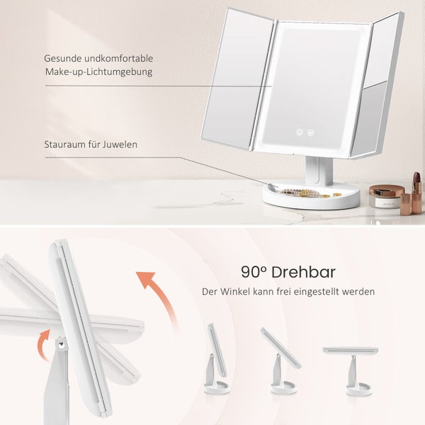EMKE LED-Kosmetikspiegel Tragbarer mit 2X/5X-Vergrößerung, 180° klappbar, USB-aufladbar, 285x175x120mm, Weiß