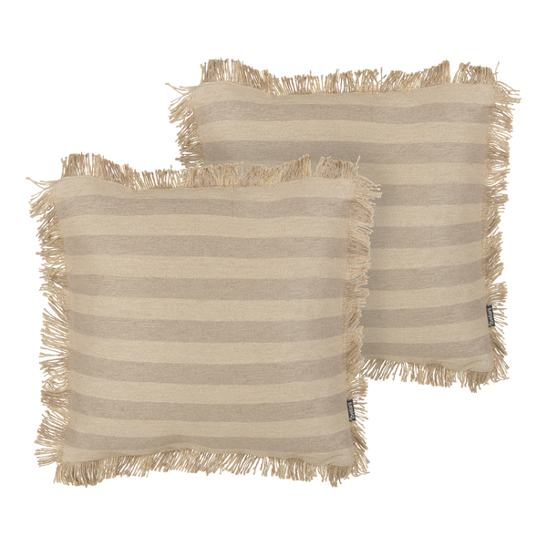 Zwei gestreifte Dekokissen mit Fransen