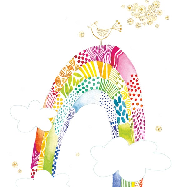 Illustration eines Regenbogens mit Vogel und Wolken