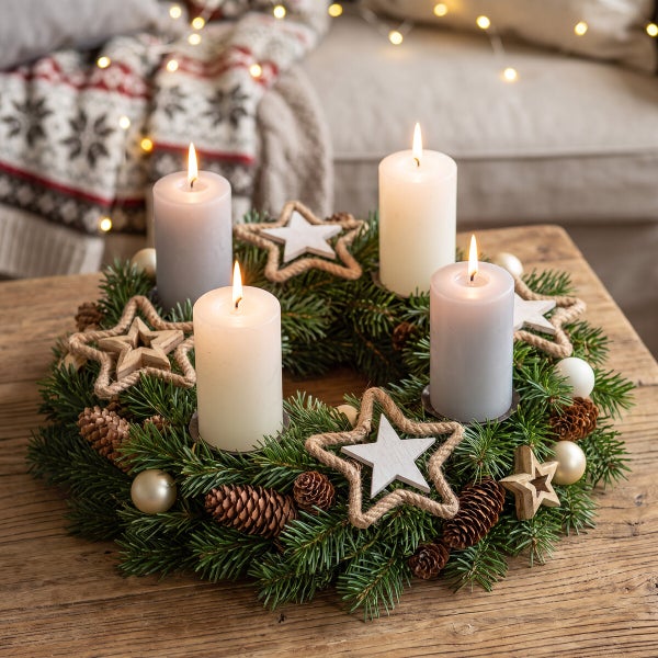 Weihnachtlicher Adventskranz aus Tannengrün dekoriert mit brennenden Stumpenkerzen, Holzsternen, Tannenzapfen und Kugeln auf einem Holztisch.