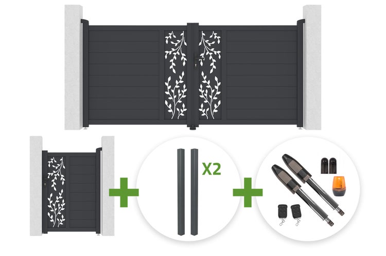 Set bestehend aus einem Doppelflügeltor und einem Gartentor mit floralem Design, zwei Pfosten und einem elektrischen Torantrieb mit Fernbedienung.