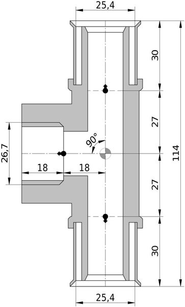 Technische Zeichnung eines T-Stücks mit Maßangaben in Millimetern und einem 90 Grad Winkel.