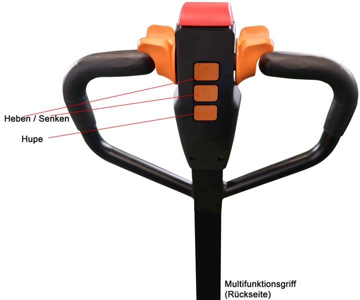 Multifunktionsgriff eines Gabelhubwagens mit Hebe- und Senkfunktion sowie Hupe.